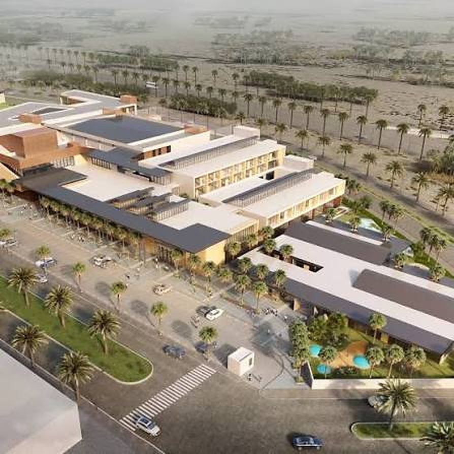 Architectural rendering of Cheltenham Muscat from above, with the main buildings and pool courtyard